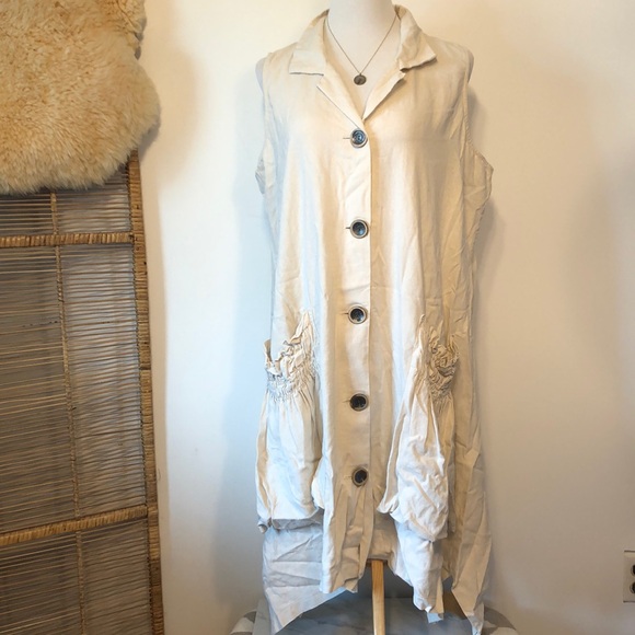 FOR CYNTHIA-LINEN Blend Creamy Tan Button Front Tunic Vest Blouse Top- XL/14/16 - Picture 2 of 10